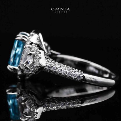 Omnia Aseel Radiant Cut Sky Blue Ring in 92.5 Silver with High Quality Simulated Diamonds - Image 2