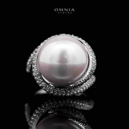 Omnia Leena White Pearl Ring in High Quality Copper Rhodium Plated
