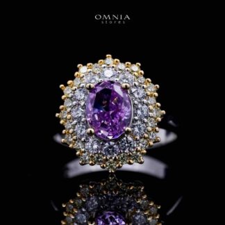 Omnia Faryal Oval Purple Stone Ring in 92.5 Silver with High Quality Simulated Diamonds