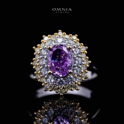 Omnia Faryal Oval Purple Stone Ring in 92.5 Silver with High Quality Simulated Diamonds