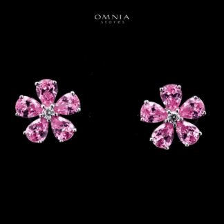 Omnia Pink Blossom Stud Earrings In 92.5 Silver with High Quality Simulated Diamonds