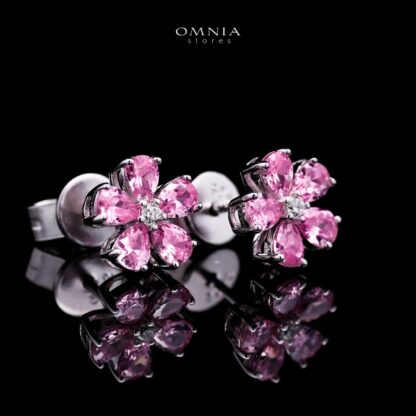 Omnia Pink Blossom Stud Earrings In 92.5 Silver with High Quality Simulated Diamonds - Image 3