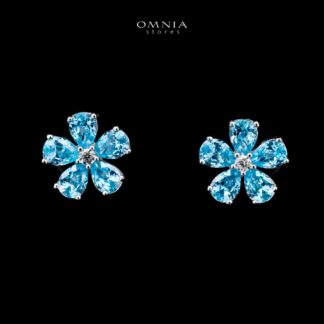 Omnia Aqua Flower Stud Earrings In 92.5 Silver with High Quality Simulated Diamonds