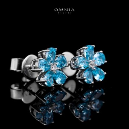 Omnia Aqua Flower Stud Earrings In 92.5 Silver with High Quality Simulated Diamonds - Image 3