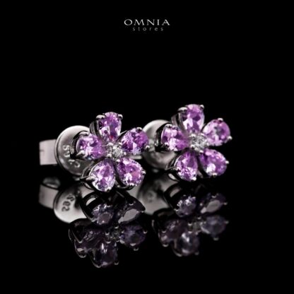 Omnia Purple Bloom Stud Earrings In 92.5 Silver with High Quality Simulated Diamonds - Image 3