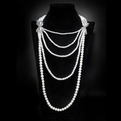 Omnia Almas Bow Fresh Water Pearl Long Chain Necklace with High Quality Simulated Diamonds