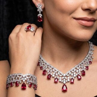 Omnia Princess Bridal Full Set with Pear-Cut White and Red High-Quality Simulated Diamonds Rhodium Plated
