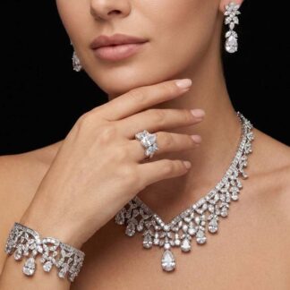 Omnia Princess White Luxury Bridal Full Set with Pear-Cut High-Quality Simulated Diamonds Rhodium Plated