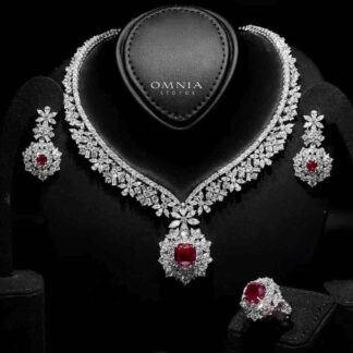 Omnia Alhan Necklace , Earrings & Ring Set in 925 Silver with Pear-Cut High-Quality Simulated Diamonds