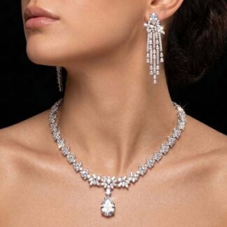 Omnia Vanya White Necklace & Earrings Set in 925 Silver with Pear-Cut High-Quality Simulated Diamonds