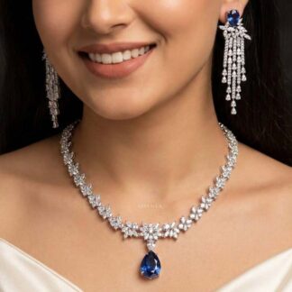 Omnia Vanya Blue Necklace & Earrings Set in 925 Silver with Pear-Cut High-Quality Simulated Diamonds