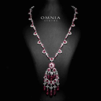 Omnia Nawwar Red and Pink Long Chain Necklace 925 Silver in High Quality Lab Crafted Diamonds