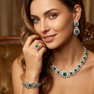 Omnia Nareen Green Bridal Full Set in High Quality Zircon Stone Rhodium Plated