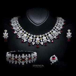 Omnia Dema Red and Yellow Bridal Full Set in High Quality Zircon Stone Rhodium Plated