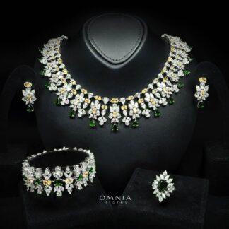 Omnia Dema Emerald Green and Yellow Bridal Full Set in High Quality Zircon Stone Rhodium Plated