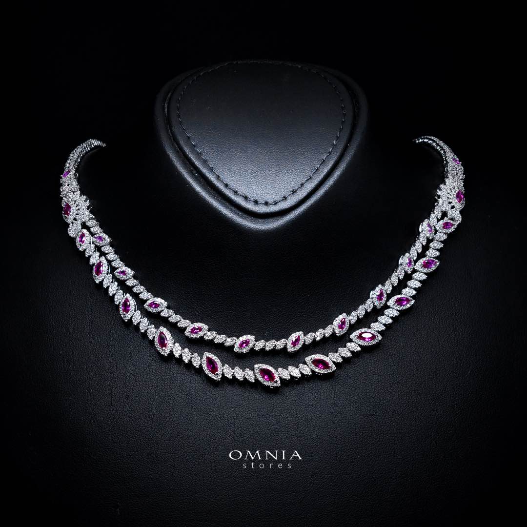 Omnia Nada Maroon Bridal Full Set in High Quality Zircon Stone Rhodium Plated - Image 2