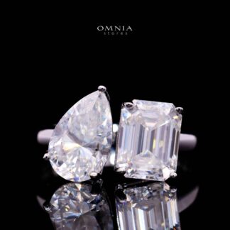 Omnia Ghaliah Toi et Moi Moissanite Ring – Certified 925 Sterling Silver Pear & Radiant Cut (GRA Certified)