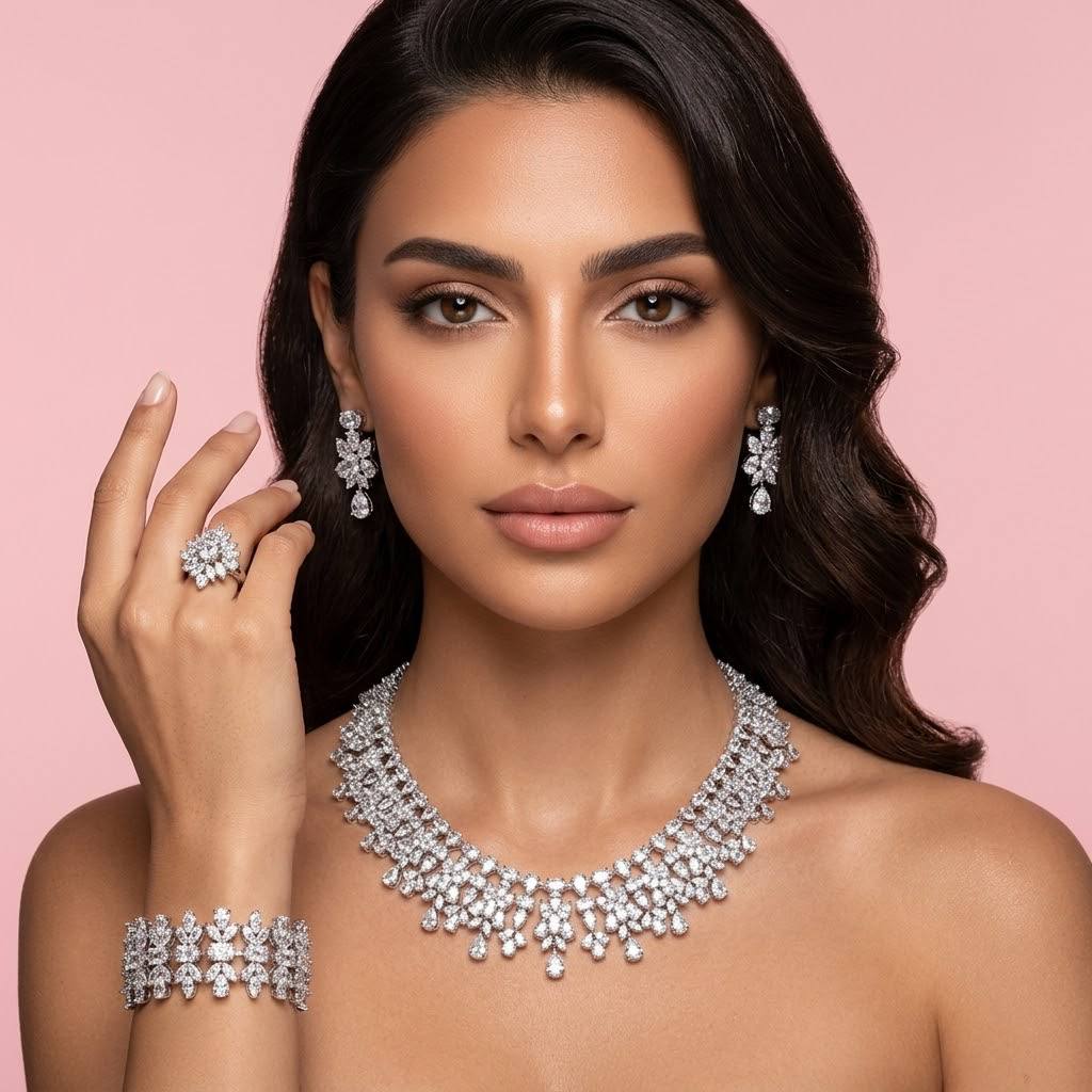 Omnia Dema White Luxury Bridal Full Set in High Quality Zircon Stone Rhodium Plated - Image 3