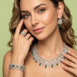 Omnia Dema Emerald Green and Yellow Bridal Full Set in High Quality Zircon Stone Rhodium Plated