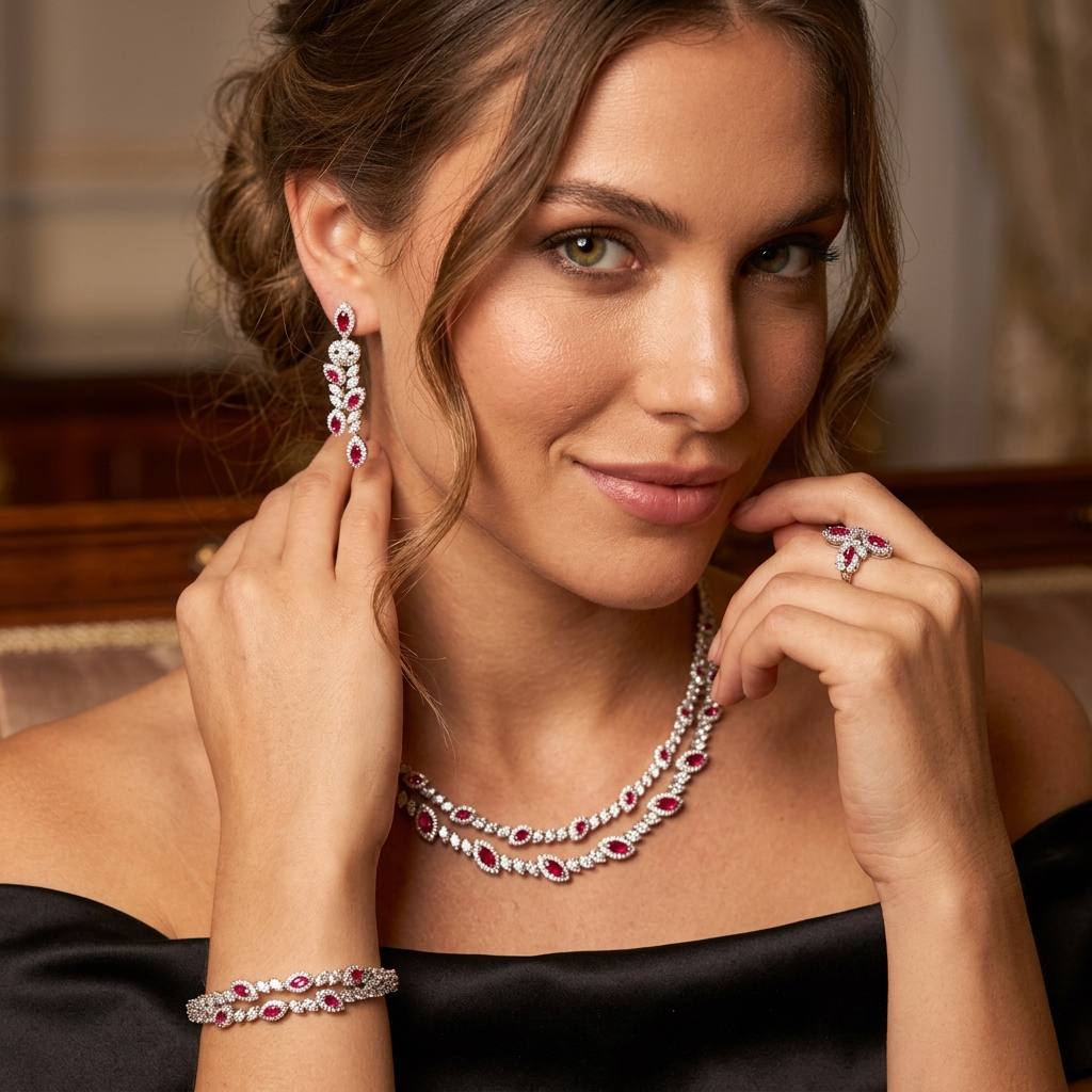 Omnia Nada Maroon Bridal Full Set in High Quality Zircon Stone Rhodium Plated - Image 3