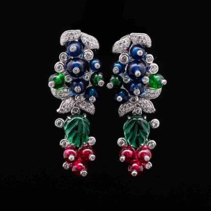 Omnia Berry Vine Earrings with Multicolor Simulated Diamonds and Leaf Design in 92.5 Silver