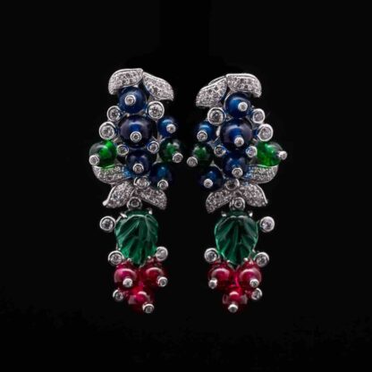Omnia Berry Vine Earrings with Multicolor Simulated Diamonds and Leaf Design in 92.5 Silver - Image 2