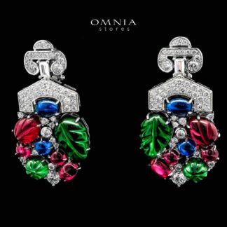 Omnia Bhakita Drop Earrings with Multicolor Leaf Design and Simulated Diamonds in 92.5 Silver
