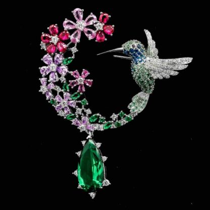 Omnia Garden Bloom Brooch with Multicolor Floral Design and Green Teardrop Stones in 92.5 Silver