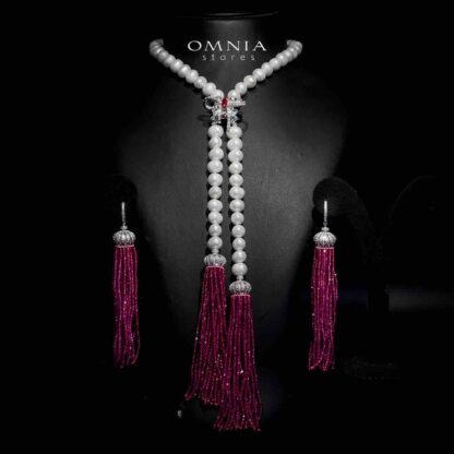 Omnia Bisan Fresh Real Water Pearl Long Chain Necklace & Drop Earrings in 92.5 Silver with High-Quality Simulated Diamonds