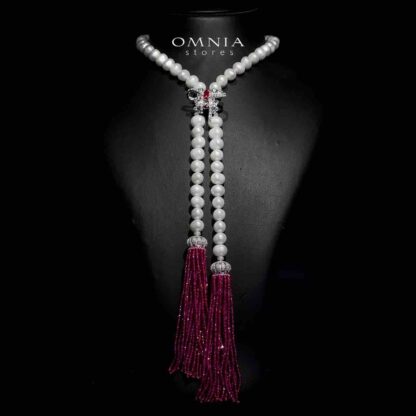 Omnia Bisan Fresh Real Water Pearl Long Chain Necklace & Drop Earrings in 92.5 Silver with High-Quality Simulated Diamonds - Image 2