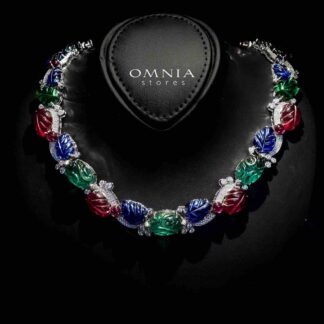 Omnia Daria Necklace in 92.5 Silver with Multicolor Simulated Diamonds and Leaf Design