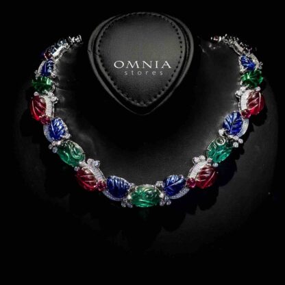 Omnia Daria Necklace in 92.5 Silver with Multicolor Simulated Diamonds and Leaf Design