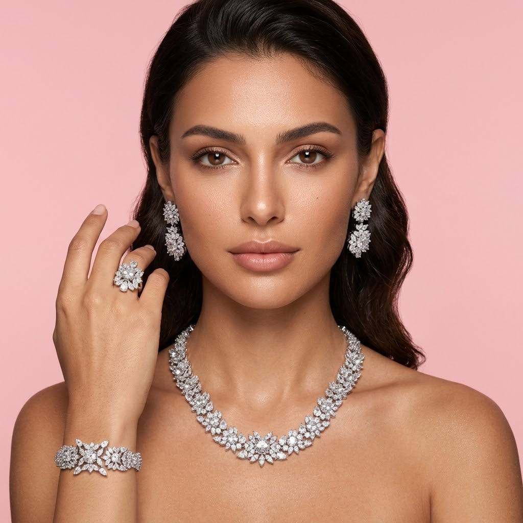 Omnia Nareen White Luxury Bridal Full Set in High Quality Zircon Stone Rhodium Plated - Image 3