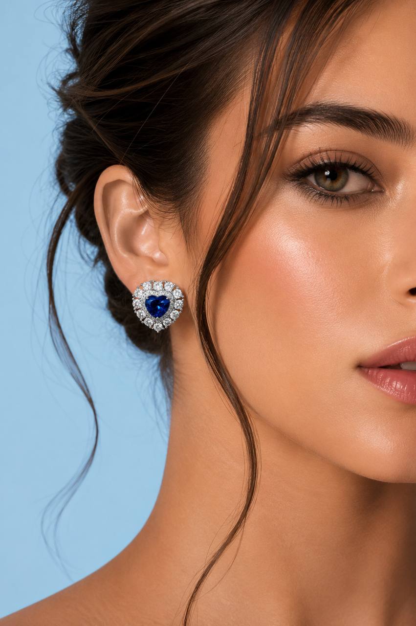 Mahasin Lab Grown Sapphire Blue Stones With GRC Certified Heart Shape Earrings in 925 Silver - Image 3