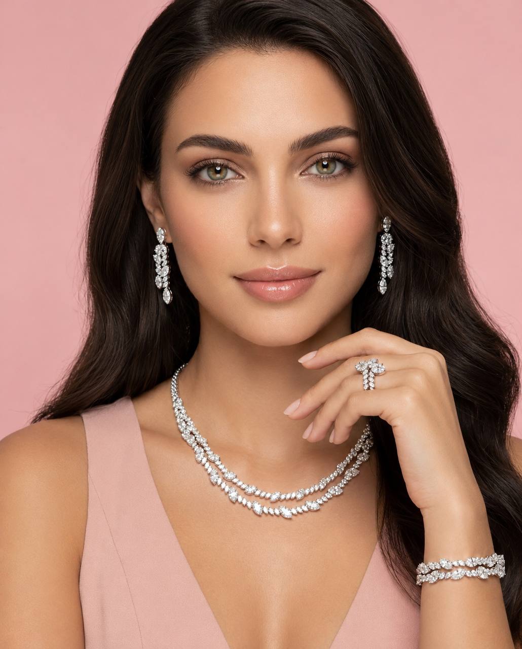 Omnia Nada White Bridal Full Set in High Quality Zircon Stone Rhodium Plated - Image 3
