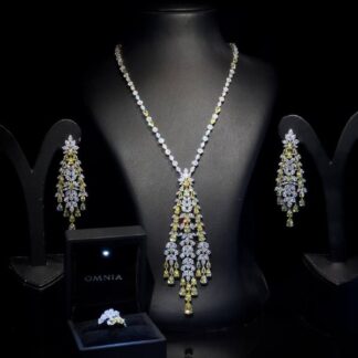Omnia Laurel Yellow Long Chain Set Accessories in High Quality Zircon Stone in Rhodium Plated