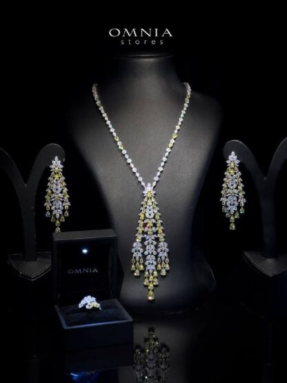 Omnia Laurel Yellow Long Chain Set Accessories in High Quality Zircon Stone in Rhodium Plated