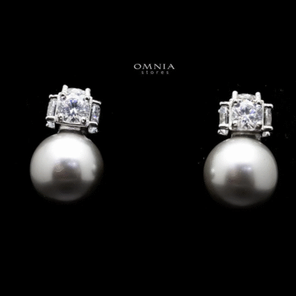 Omnia Belle Silver Pearl Stud Earrings In 92.5 Silver High Quality Simulated Diamonds