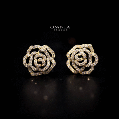 Omnia Rose Floral Gold Stud Earrings with High quality Zircon Stones in 92.5 Silver