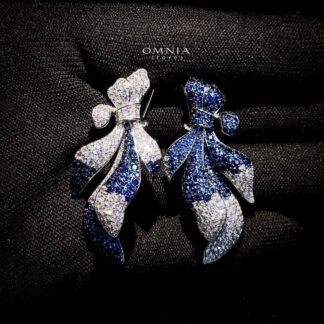 Omnia Leaf Bow Earrings in Blue and White 92.5 Silver with High Quality Simulated Diamonds