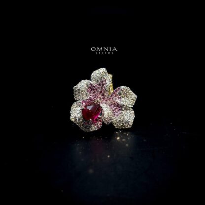 Omnia Lily Flower Ring With Pink And Red Stones with High Quality Simulated Diamonds - Image 2