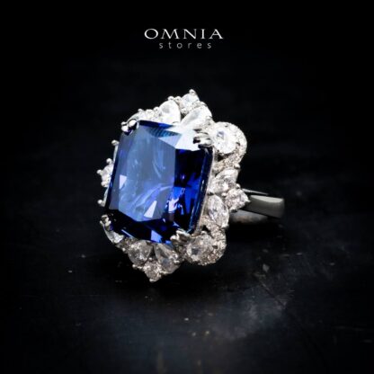 Omnia Amal Sapphire Cushion Cut Statement Ring in 92.5 Silver with High Quality Simulated Diamonds