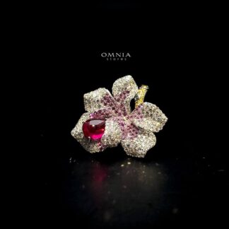 Omnia Lily Flower Ring With Pink And Red Stones with High Quality Simulated Diamonds