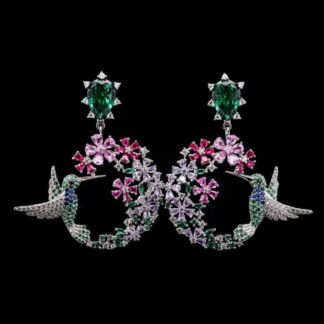 Omnia Garden Bloom Earrings with Multicolor Floral Design and Green Teardrop Stones in 92.5 Silver