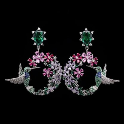 Omnia Garden Bloom Earrings with Multicolor Floral Design and Green Teardrop Stones in 92.5 Silver