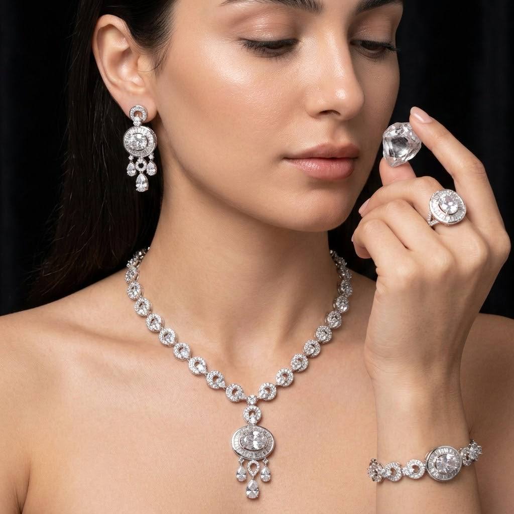 Omnia Hayah White Bridal Full Set in High Quality Zircon Stone in Rhodium Plated - Image 2