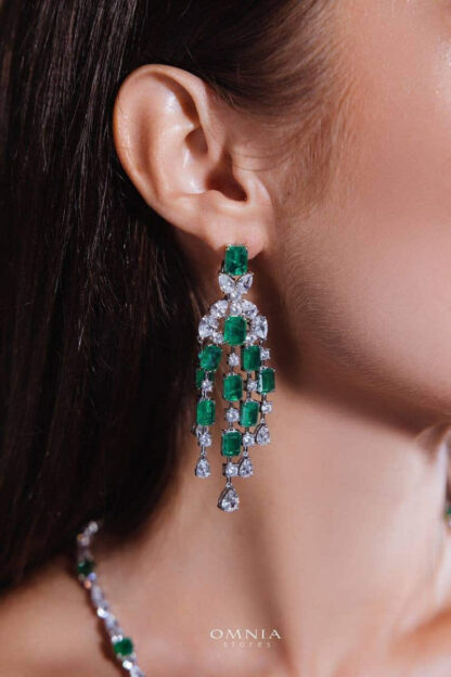 Omnia Israa Green Chandelier Earrings In 92.5 Silver High Quality Simulated diamonds Sale price - Image 2