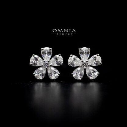 Omnia Classic white Flower Stud Earrings In 92.5 Silver with High Quality Simulated Diamonds