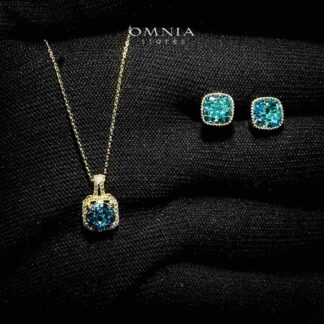 SUPER SALE!!! Omnia Malak Blue Pendant Necklace and Earrings Set in 925 Silver Ice Cut Square Stones