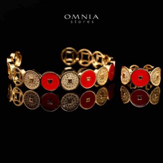 Omnia Golden Cuff With Bracelet and Ring with Red Oval Design In Rhodium Plated